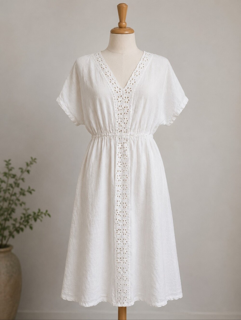 Valentina Naldi 100% Linen Off White Beige Resort Wear Eyelet Midi Dress Size M